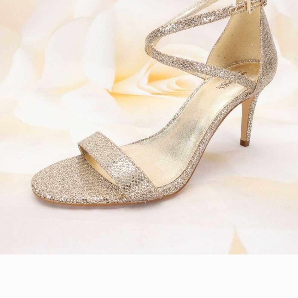 Michael Kors Ava Size Sand Glitter Mid-Heel Sandals Shoes W/Ankle Strap - Picture 10 of 16